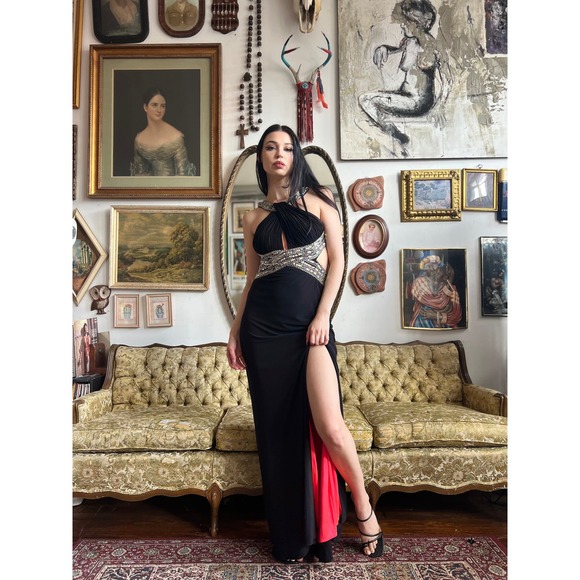 Y2K Black and Sequin High Slit Backless Maxi Dress w Pink Underlay Size Medium - Picture 8 of 11